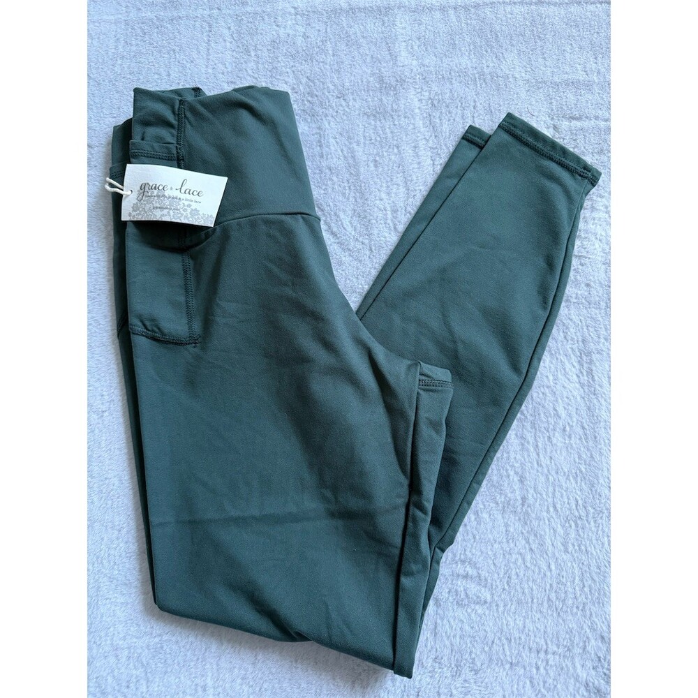 Grace & Lace Leggings Womens Size M Dark Green High Rise Pocket Yoga Ankle - Picture 2 of 4